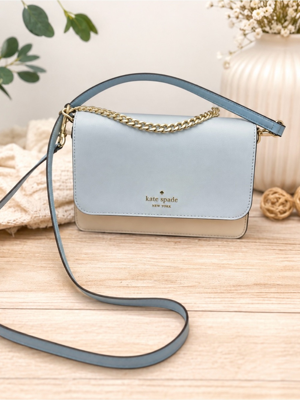 kate spade Two-Tone Blue and Cream Leather Crossbody with Gold Chain